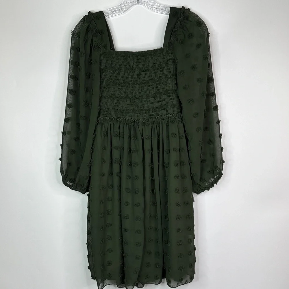 BTFBM Green Square Neck Smocked Swiss Dot Mini Boho Dress Size Small